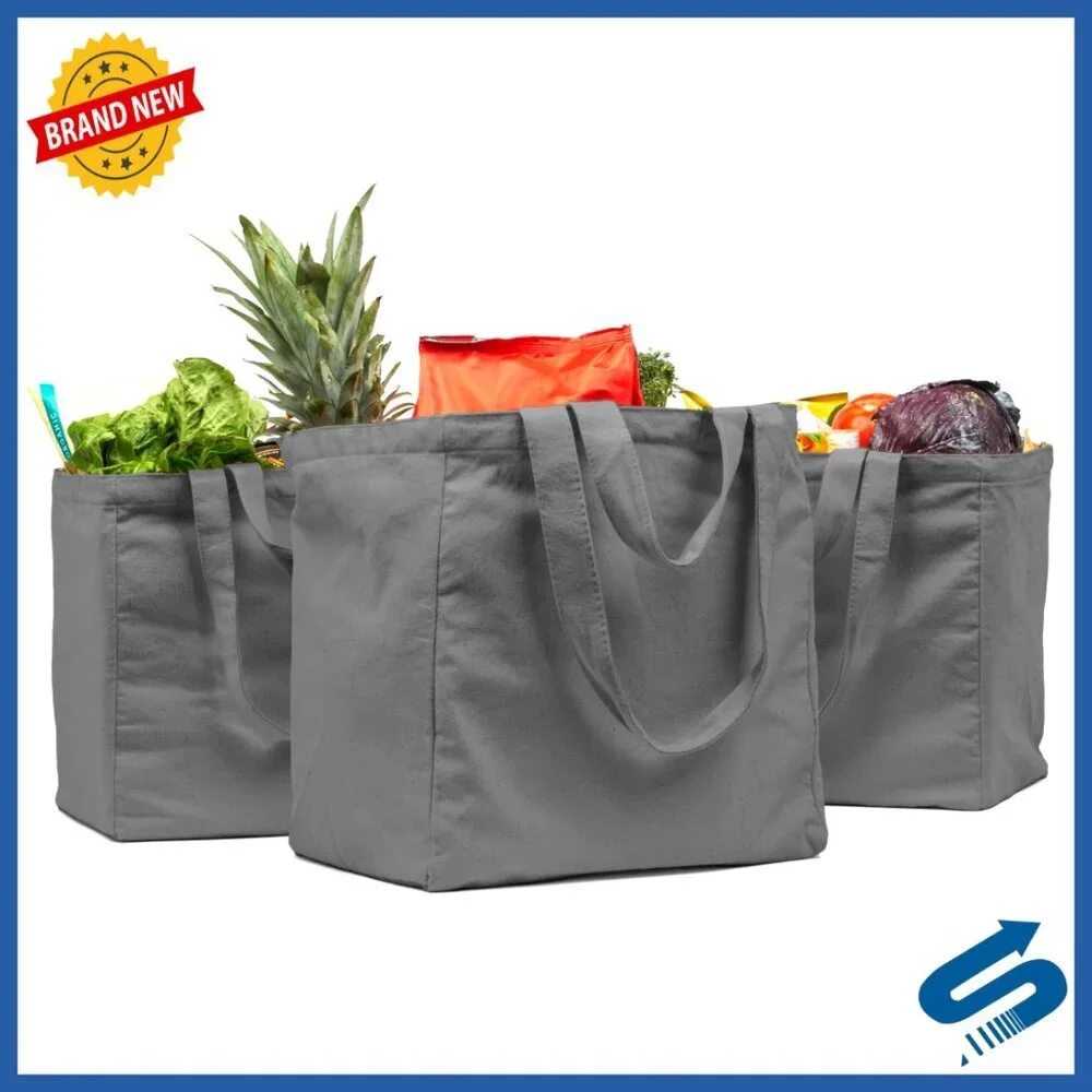 Heavy Duty Canvas Grocery Tote Set Foldable Washable Dual Handle Pockets